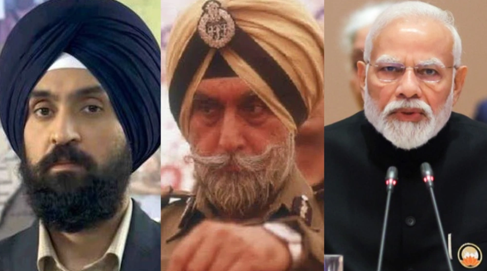 Image of actor Diljit Dosanjh in Satluj movie (left) KPS Gill (center) and PM Modi (right). In the left image actor Diljit Dosanjh who is playing Khalra in Satluj movie. In the center image KPS Gill is in his official police uniform. In the extreme right image, Pm Modi is speaking at an event.