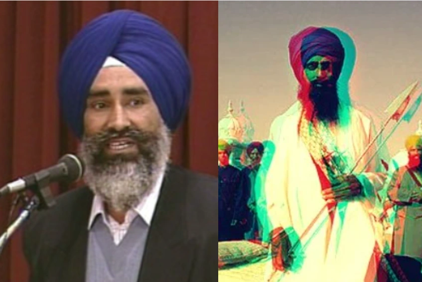 Left image is of Human rights activist Jaswant Singh Khalra speaking at an event. Right image is blurred and altered is of Sikh Separatist leader Jarnail Singh Bhindranwale. Bhindranwale is holding a weapon in his hand with people standing behind him.